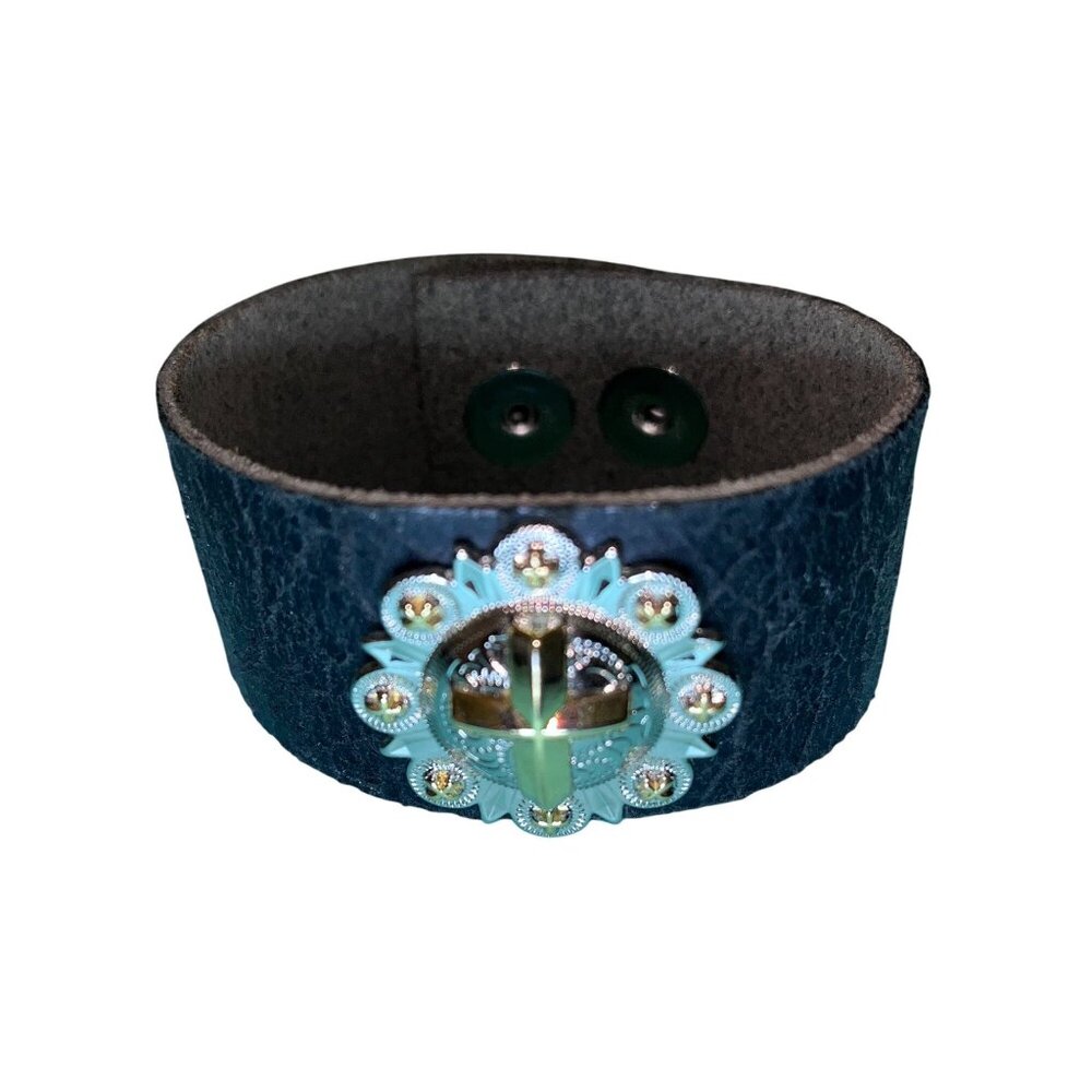 Handcrafted Leather Bracelet Ornate Cross Gold Silver Concho